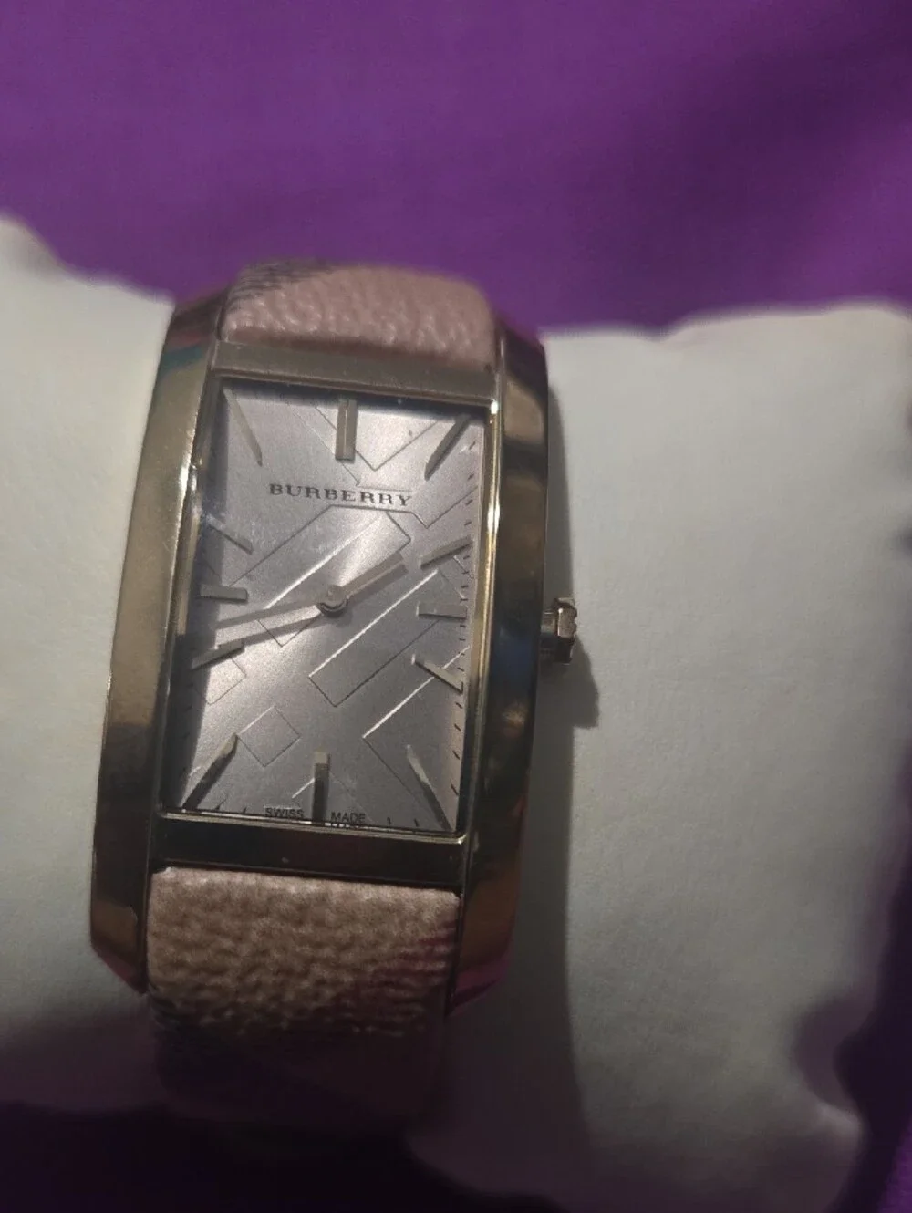 Burberry Beige/Pink Leather Strap Rectangular Silver Dial Watch